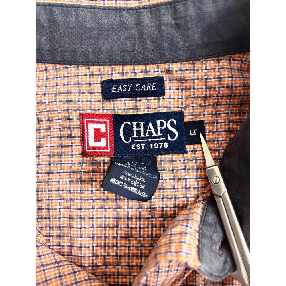 Chaps Mens LT Orange Blue Micro Check Long Sleeve Button Down Easy Care Shirt